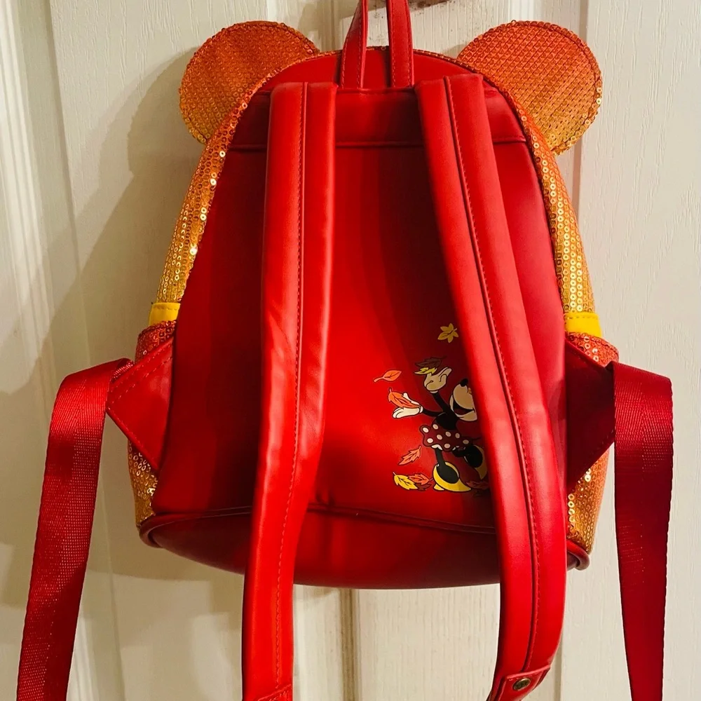 Loungefly Fall Sequin Ombré Minnie Red and Orange Sequin Backpack - Picture 5 of 16